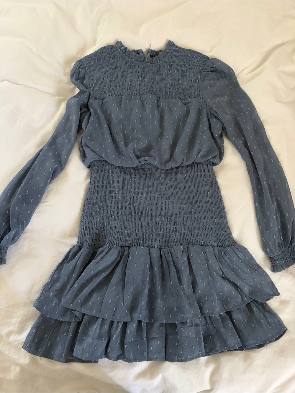 Aqua Slate Blue Smocked Tiered Long-Sleeve Mini Dress
